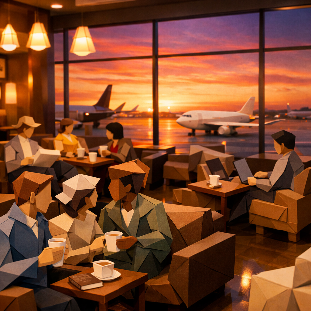 Origami Style Visual of Bustling Airport Lounge