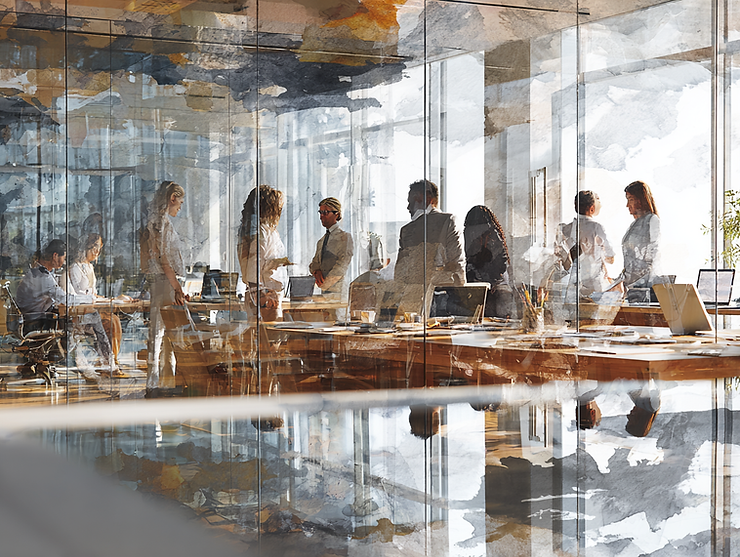 Corporate travel managers, CFOs, and HR teams reviewing bookings and budgets in the office